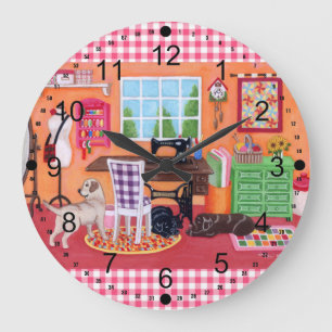 Labradors in het naaiwerk in de naairuimte van mam grote klok