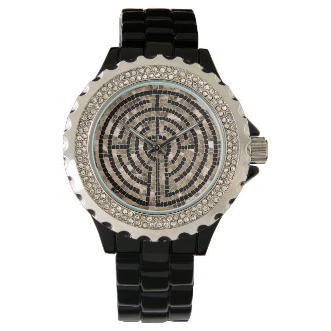 LABYRINTH V Strass zwart emaille horloge (Voorkant)