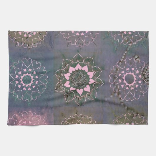 Lace-achtige Roze Heart Mandala en Gray Theedoek (Horizontaal)
