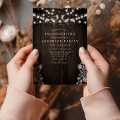 Lace and Wood String Lights Rustic Friendsgiving Kaart