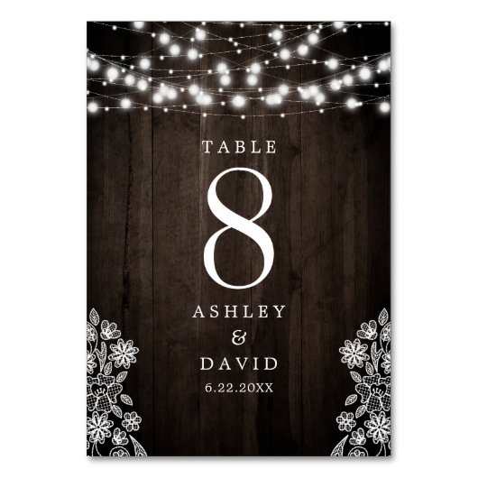 Lace and Wood String Lights Rustic Wedding Kaart (Voorkant)