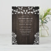 Lace and Wood String Lights Rustic Wedding Kaart (Staand voorkant)