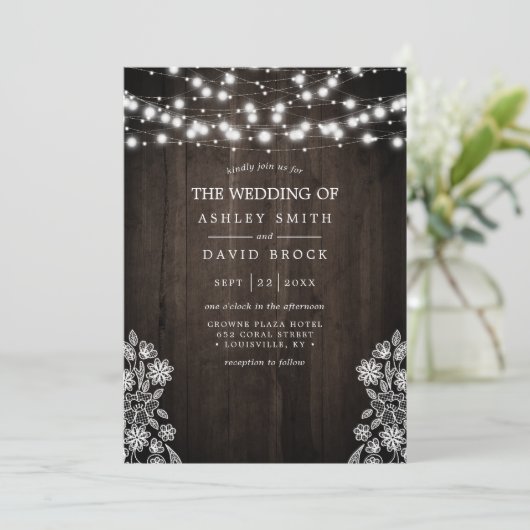 Lace and Wood String Lights Rustic Wedding Kaart (Staand voorkant)