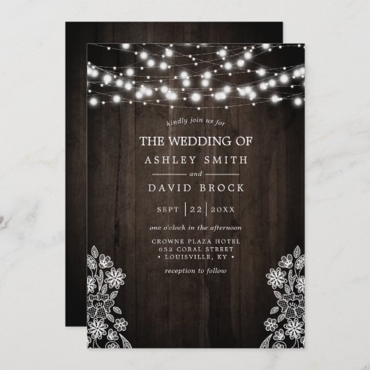 Lace and Wood String Lights Rustic Wedding Kaart (Voorkant / Achterkant)