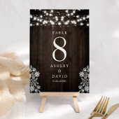 Lace and Wood String Lights Rustic Wedding Kaart