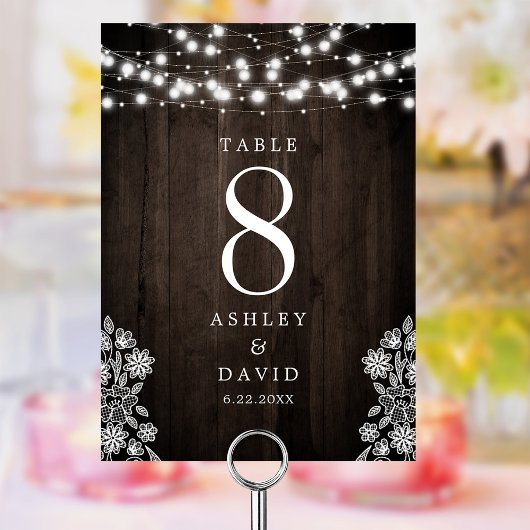 Lace and Wood String Lights Rustic Wedding Kaart