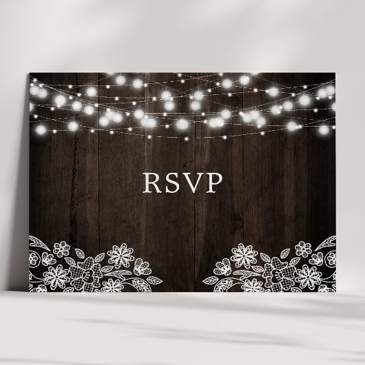 Lace and Wood String Lights Rustic Wedding RSVP Briefkaart