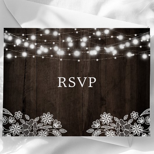 Lace and Wood String Lights Rustic Wedding RSVP Briefkaart