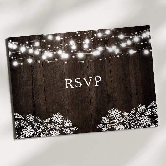 Lace and Wood String Lights Rustic Wedding RSVP Briefkaart