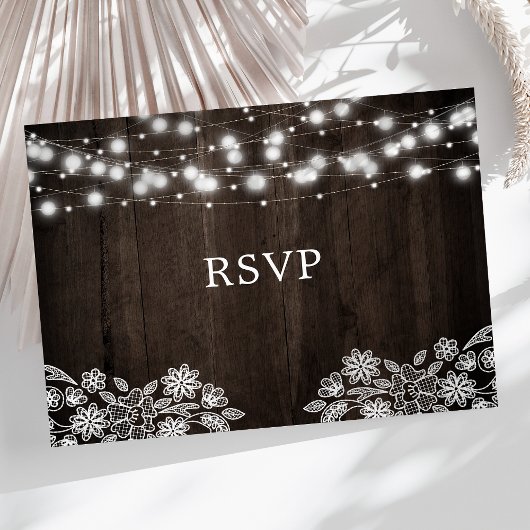 Lace and Wood String Lights Rustic Wedding RSVP Briefkaart