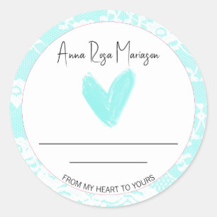 *~* Lace AP30 Homemade AQUA Heart Generic Ronde Sticker