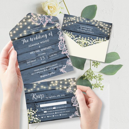 Lace Baby's Breath & String Lights Blauw Hout Char All In One Uitnodiging