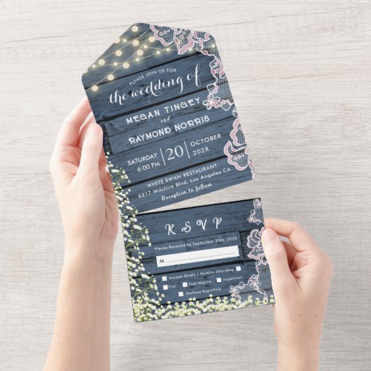 Lace Baby's Breath & String Lights Blauw Hout Char All In One Uitnodiging (Afscheurbaar)