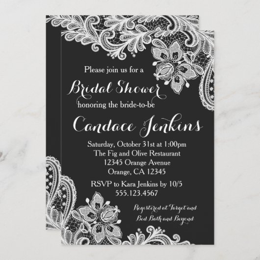 Lace Black en White Bridal Shower-uitnodiging Kaart (Voorkant / Achterkant)