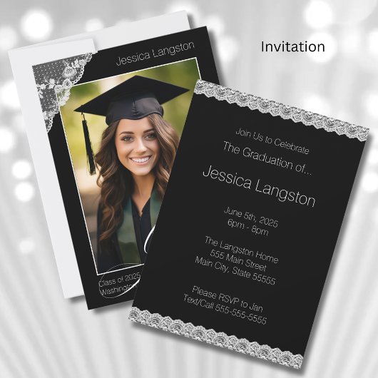 Lace & Black Photo Graduation Party Uitnodiging