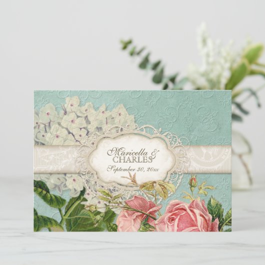 Lace Blue Elegant White Hydrangea n Roos Kaart (Staand voorkant)