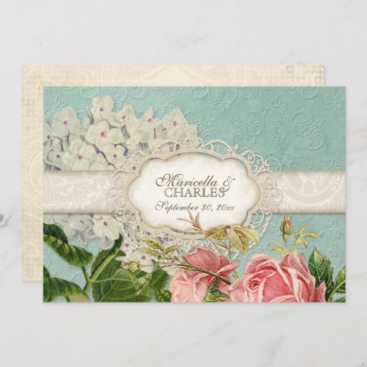 Lace Blue Elegant White Hydrangea n Roos Kaart (Voorkant / Achterkant)