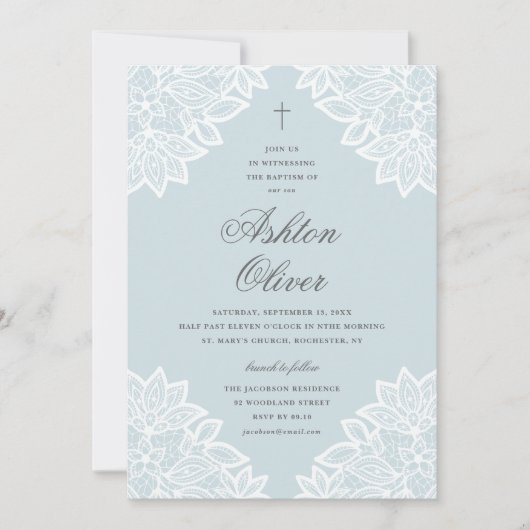  Lace Blue Religious Baptism & Christening Aankondiging (Voorkant)