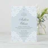  Lace Blue Religious Baptism & Christening Aankondiging (Staand voorkant)