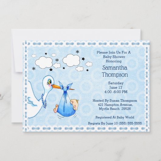 Lace Blue Stork Baby Shower Kaart (Voorkant)