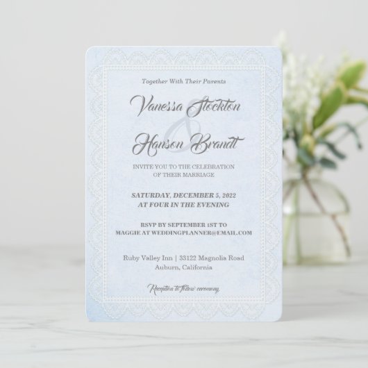 Lace Border White Wedding Invitation Kaart (Staand voorkant)