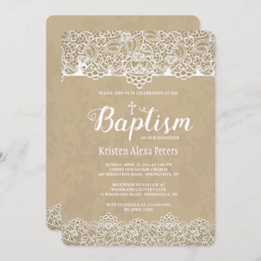 Lace Borders Baptisme Invitation Kaart (Voorkant / Achterkant)