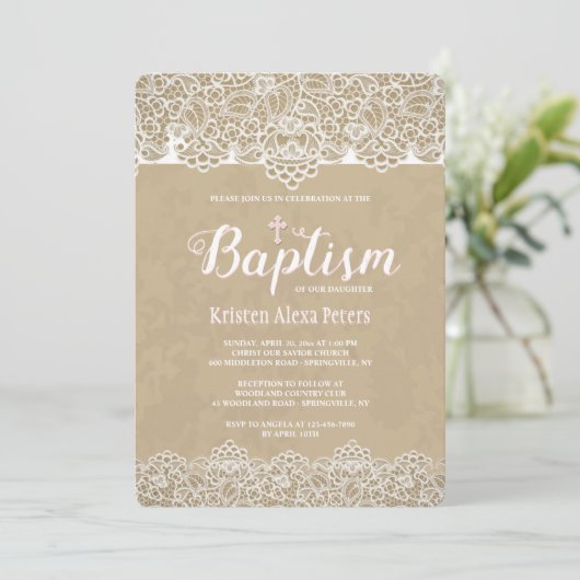 Lace Borders Baptisme Invitation Kaart (Staand voorkant)