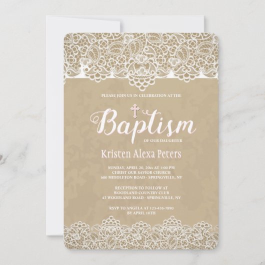 Lace Borders Baptisme Invitation Kaart (Voorkant)