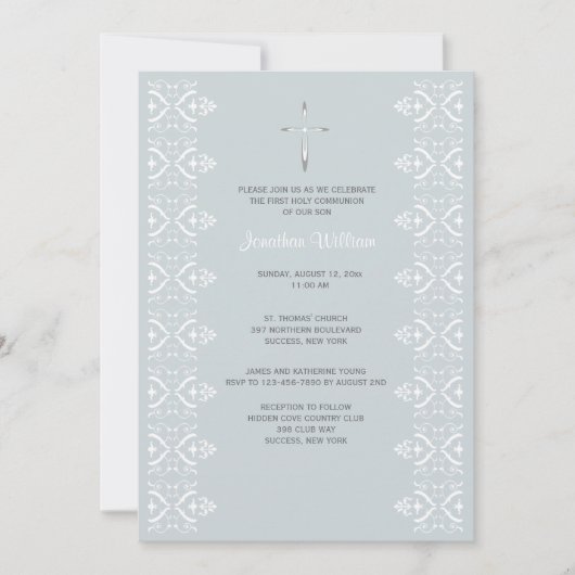 Lace Borders Blue Religious Invitation Kaart (Voorkant)