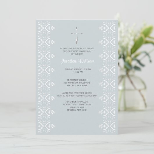 Lace Borders Blue Religious Invitation Kaart (Staand voorkant)