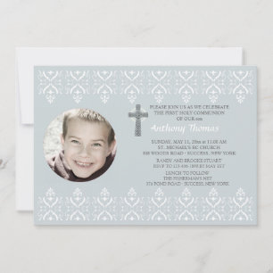 Lace Borders Blue Religious Photo Invitation Kaart
