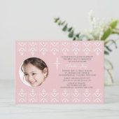 Lace Borders Roze Religieuze Fotouitnodiging Kaart (Staand voorkant)