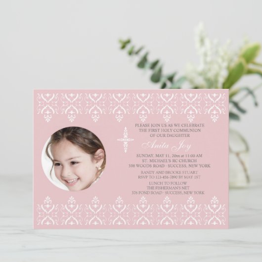 Lace Borders Roze Religieuze Fotouitnodiging Kaart (Staand voorkant)