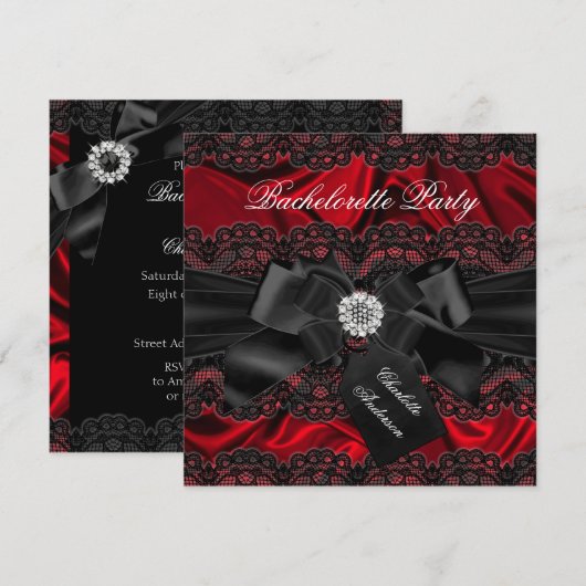 Lace & Bow Black Red Bachelorette Party nodigt uit Kaart (Voorkant / Achterkant)