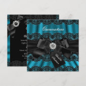 Lace & Bow Blauwgroen Black Quinceanera Party Invi Kaart (Voorkant / Achterkant)