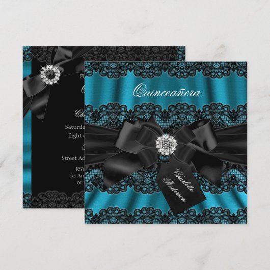 Lace & Bow Blauwgroen Black Quinceanera Party Invi Kaart (Voorkant / Achterkant)