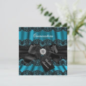 Lace & Bow Blauwgroen Black Quinceanera Party Invi Kaart (Staand voorkant)