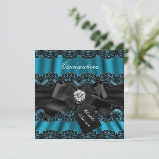 Lace & Bow Blauwgroen Black Quinceanera Party Invi Kaart (Staand voorkant)