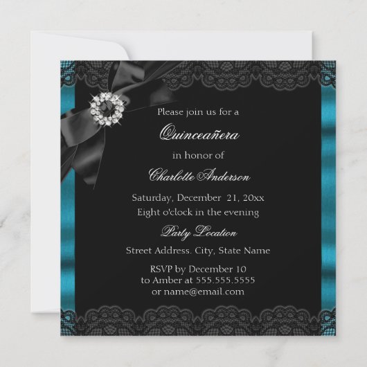 Lace & Bow Blauwgroen Black Quinceanera Party Invi Kaart (Achterkant)