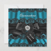 Lace & Bow Blauwgroen Black Quinceanera Party Invi Kaart (Voorkant)