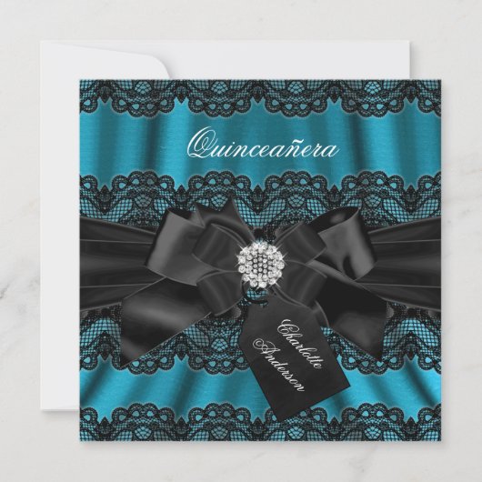 Lace & Bow Blauwgroen Black Quinceanera Party Invi Kaart (Voorkant)