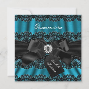 Lace & Bow Blauwgroen Black Quinceanera Party Invi Kaart