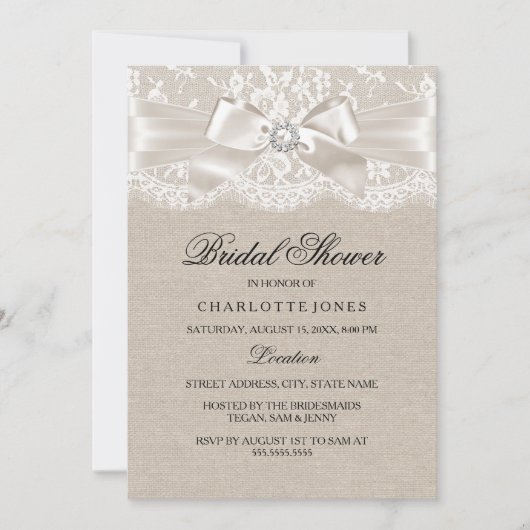 Lace Bow & Burlap  Vrijgezellenfeest uitnodigen Kaart (Voorkant)