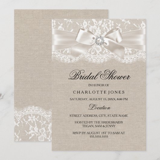 Lace Bow & Burlap  Vrijgezellenfeest uitnodigen Kaart (Voorkant / Achterkant)