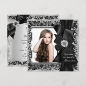 Lace & Bow Silver Black Quinceanera Party Invite Kaart (Voorkant / Achterkant)