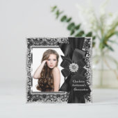 Lace & Bow Silver Black Quinceanera Party Invite Kaart (Staand voorkant)