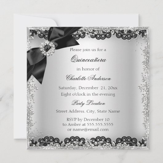 Lace & Bow Silver Black Quinceanera Party Invite Kaart (Achterkant)