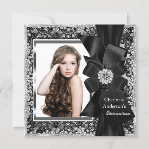 Lace & Bow Silver Black Quinceanera Party Invite Kaart