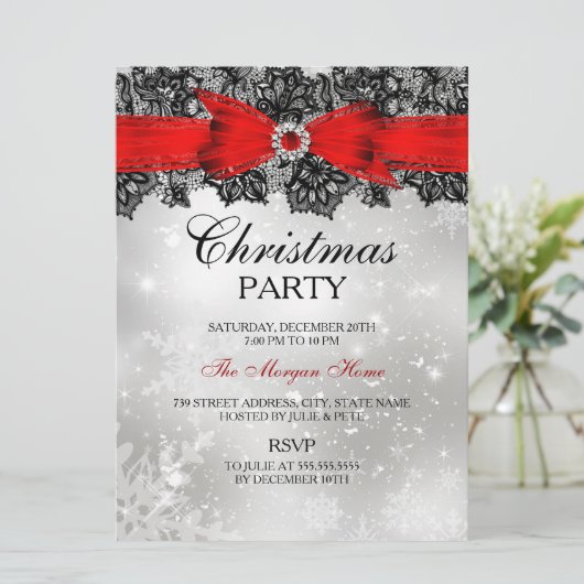 Lace Bow Silver Red-kerstfeestdag Kaart (Staand voorkant)