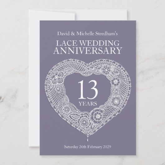 Lace bruiloft hart 13 jaar feestelijke uitnodiging (Voorkant)